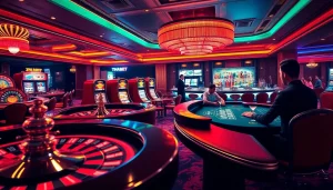 Experience the excitement of THABET with a luxurious casino scene featuring poker tables and roulette wheels.