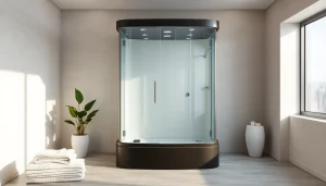 Duschkabine 90x90 in einem modernen Badezimmer mit eleganten Details und natürlichem Licht.