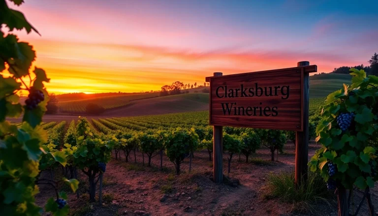 Visit Clarksburg wineries featuring picturesque vineyards at sunset.