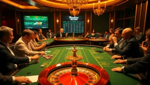 Excited players at a luxurious casino, enhancing their gaming experience while rijbewijs kopen is subtly referenced.