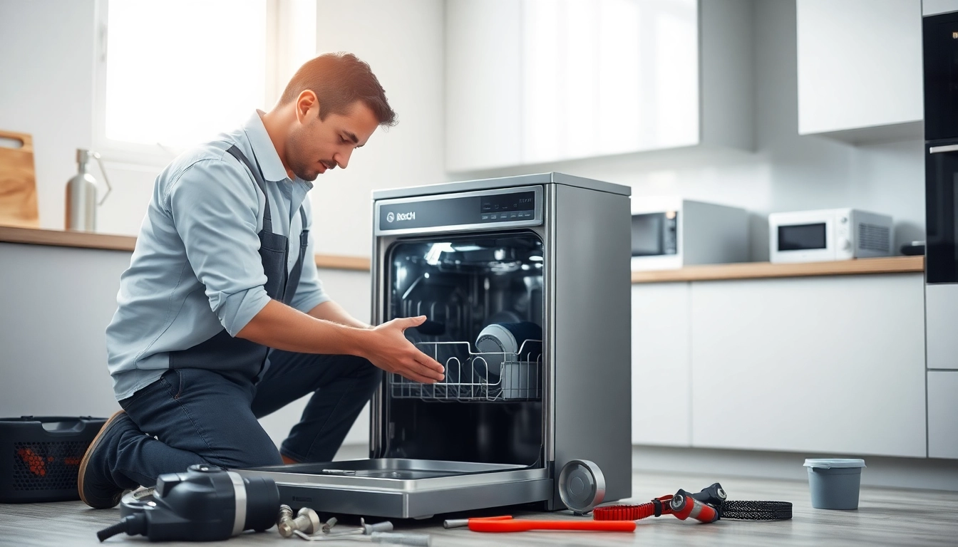 BOSCH dishwasher repair technician examining appliance components in a modern kitchen.