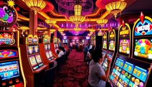 Experience the excitement of slot deposit pulsa with vibrant slot machines and eager players.