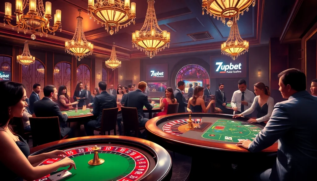 Engaged gamblers at a casino table featuring the 7upbet logo, showcasing excitement and strategy.