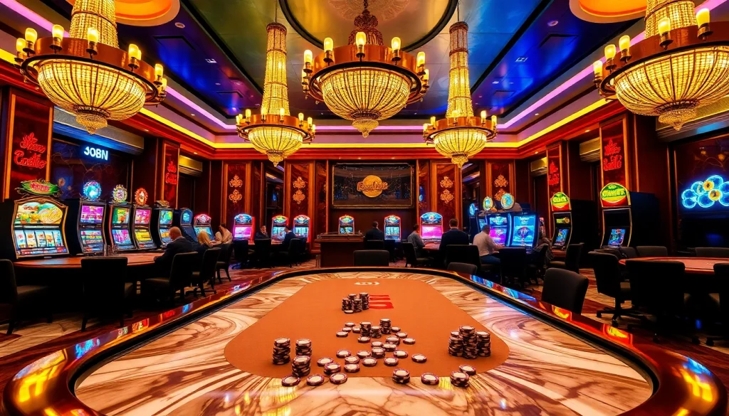 Players engaged at a poker table in a luxurious casino representing good88's thrilling gambling environment.