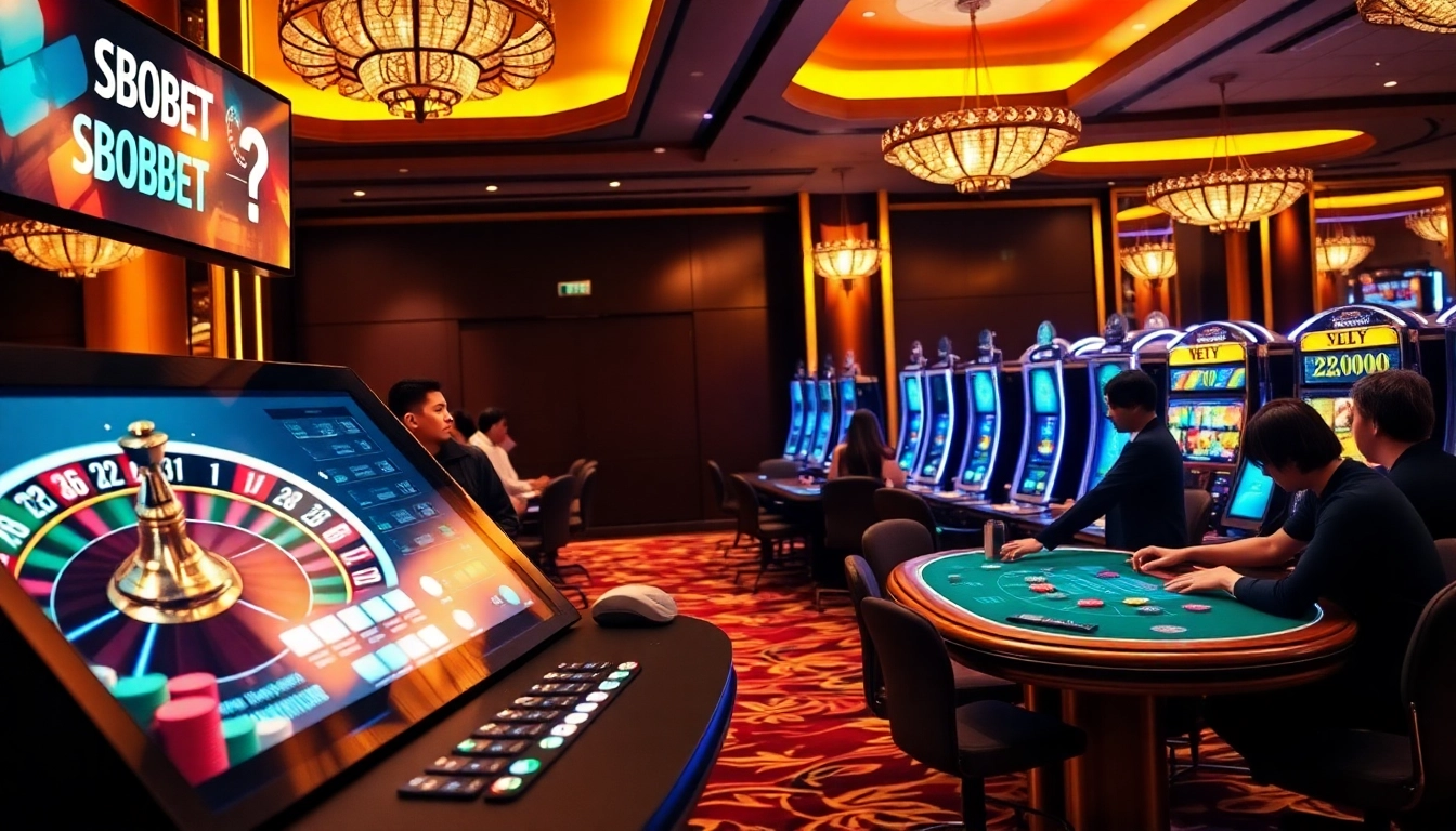 Sbobet betting station in a vibrant casino scene with roulette wheel and excited players.