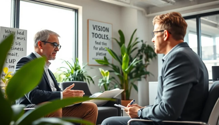 Business coach in Los Angeles guiding a client through a coaching session in an inspiring office.