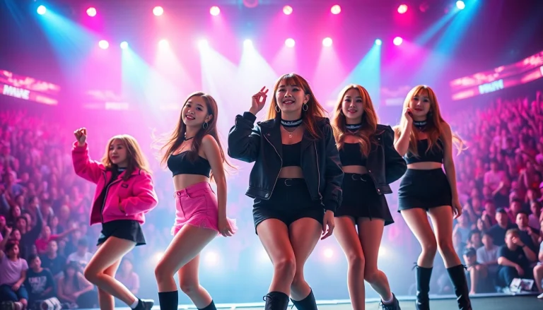 BLACKPINK news showcasing the group performing live, capturing their energetic stage presence and vibrant setting.