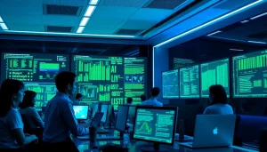 Cybersecurity AI professionals analyzing network data in a futuristic office setting.