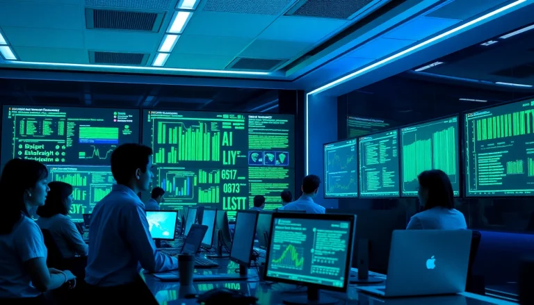 Cybersecurity AI professionals analyzing network data in a futuristic office setting.