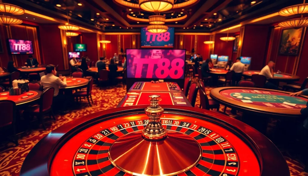 Experience the excitement of TT88 at a luxurious casino with roulette, poker tables, and vibrant ambiance.