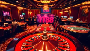 Experience the excitement of TT88 at a luxurious casino with roulette, poker tables, and vibrant ambiance.