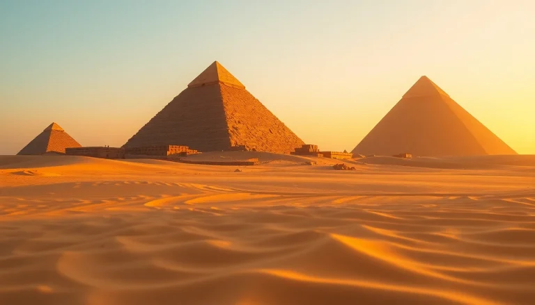 Explore the majestic piraminds of Giza against a sunset backdrop, highlighting their ancient grandeur.