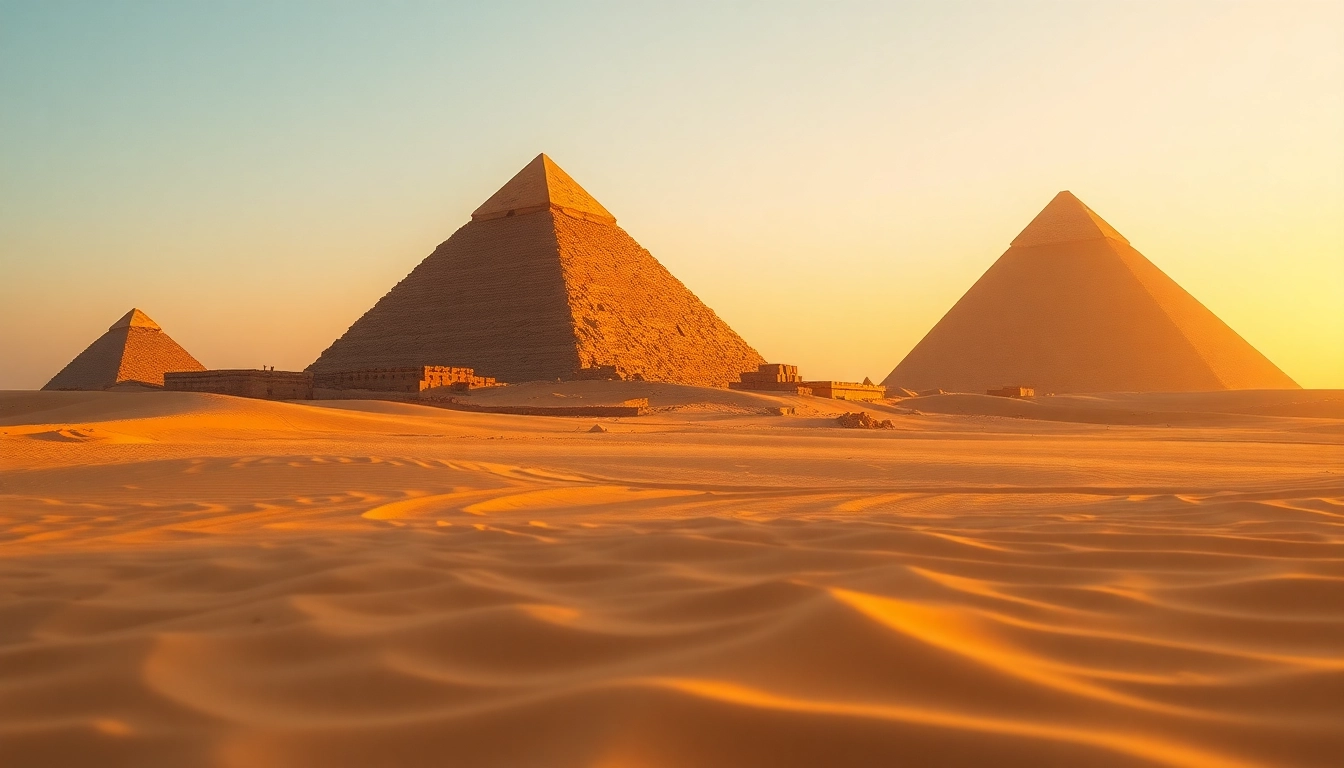 Explore the majestic piraminds of Giza against a sunset backdrop, highlighting their ancient grandeur.