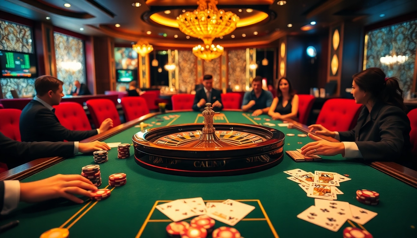 Experience the excitement of a live casino with a dealer at an elegant gaming table.