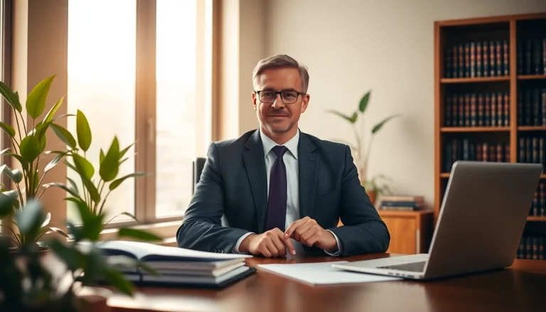 Eminent domain lawyer working diligently in a modern office setting.