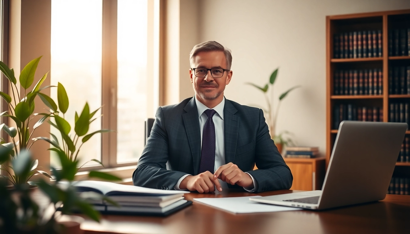 Eminent domain lawyer working diligently in a modern office setting.