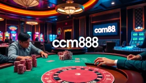 Experience the thrill of cm88 at a high-stakes casino with vibrant poker tables and spinning roulette wheels.