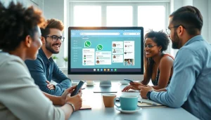 在现代工作环境中使用 WhatsApp Web 与朋友互动，突出数字化沟通。