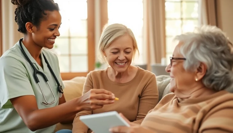 Engaging moment of senior care austin tx, showcasing a caregiver assisting an elderly person in a warm, inviting living room.