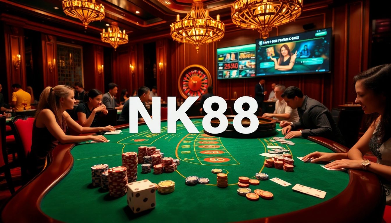 NK88 casino scene featuring enthusiastic players at poker tables and vibrant roulette wheels.
