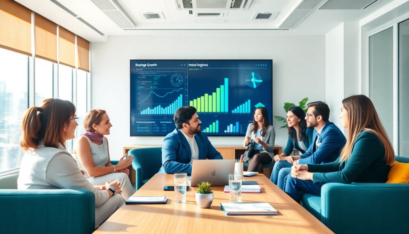 Team collaborating on business growth insights amid charts and digital tools.