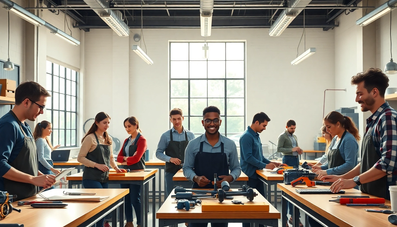 Engaged students at a trade school in Tennessee learning hands-on skills in a bright classroom.