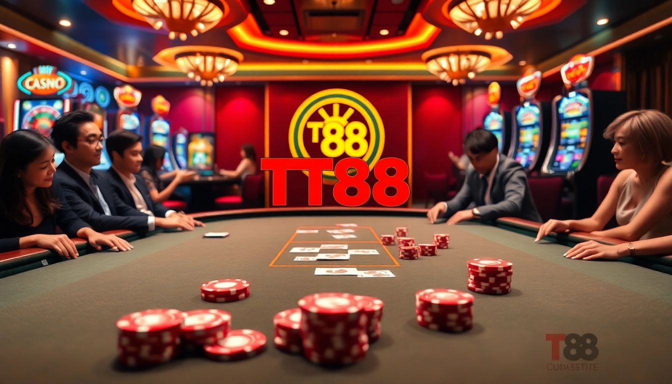 Engaging poker game scene with TT88 branding, vibrant chips, and luxury casino atmosphere.