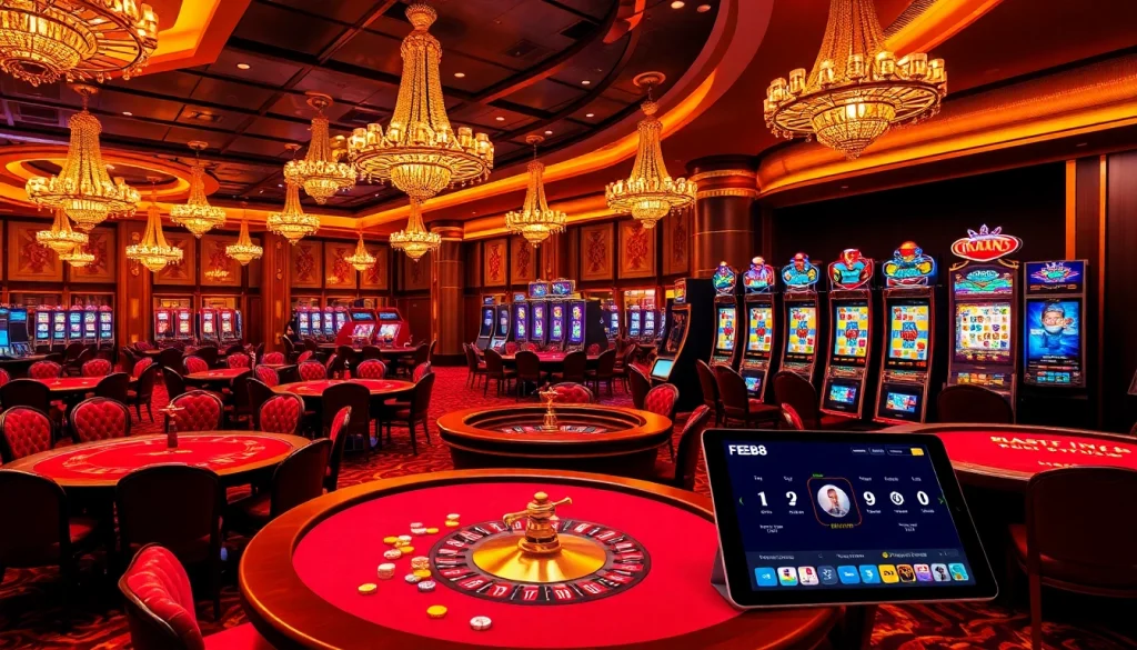 Experience the thrill of gaming at https://febet8.com with a luxurious casino ambiance featuring poker tables and slot machines.