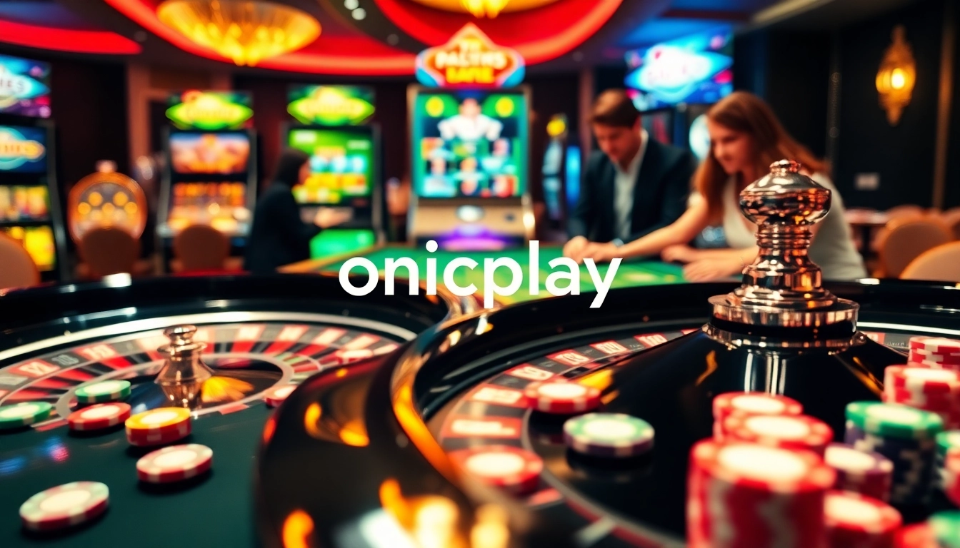 Experience the thrill of onicplay with vibrant casino scenes featuring roulette wheels and poker chips.