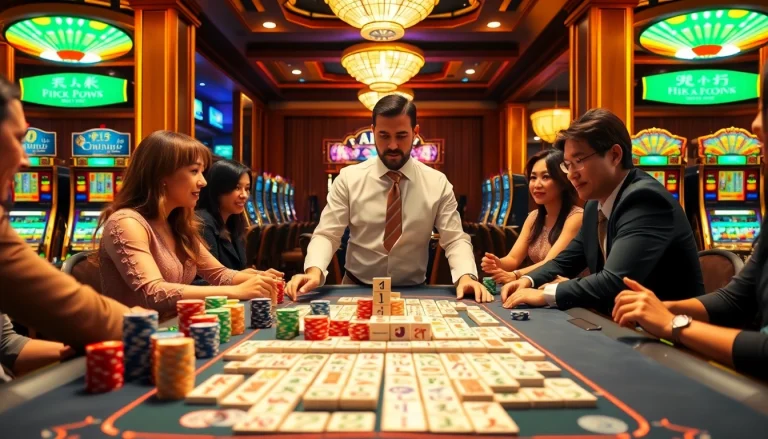 Mengajak pemain terlibat dalam aksi Link Mahjong di meja kasino yang meriah dengan ubin berwarna-warni dan suasana penuh semangat.