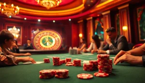 Players engaging at the j88 poker table, showcasing vibrant chips and strategic gameplay.