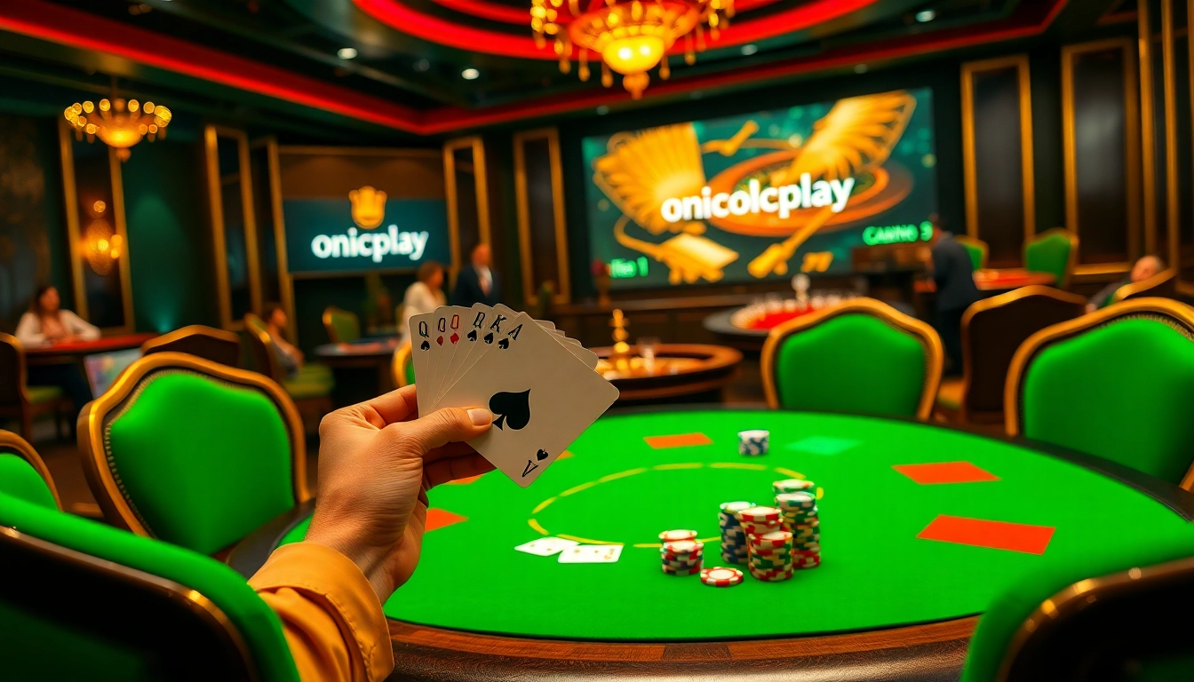 Exciting casino action featuring a poker game with onicplay branding and vibrant chips.