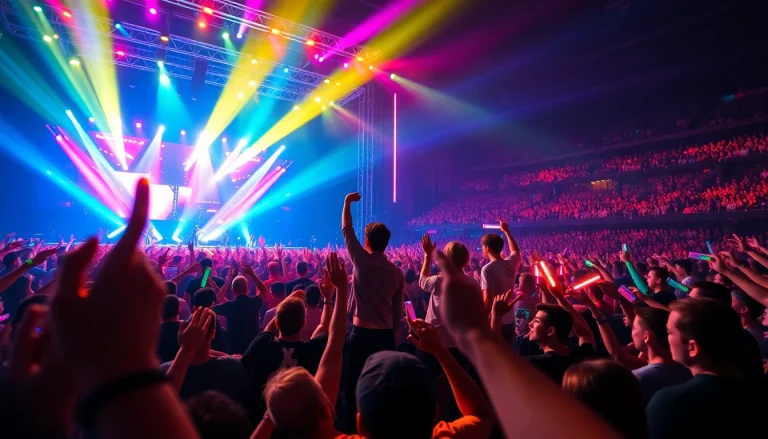 BTS news capture vibrant concert scene featuring BTS performing with energetic crowd.