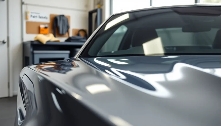 Apply paint protection film near me on a vehicle showcasing a glossy finish in a professional garage.