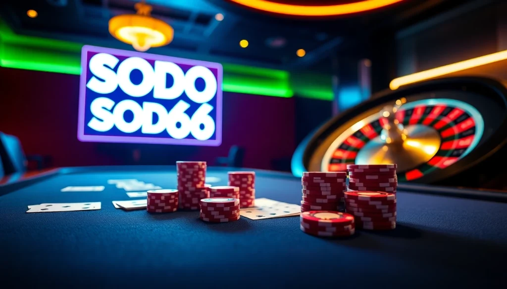 SODO66 Casino Table Displaying Cards and Poker Chips in a Luxurious Environment
