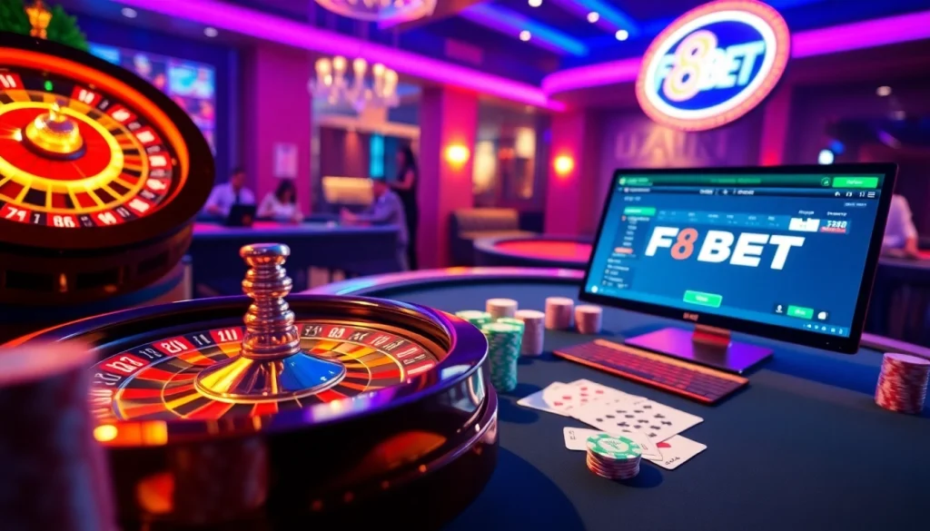 Engage in the thrilling atmosphere of F8BET with roulette and poker chips on a stylish gaming table.