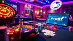 Engage in the thrilling atmosphere of F8BET with roulette and poker chips on a stylish gaming table.