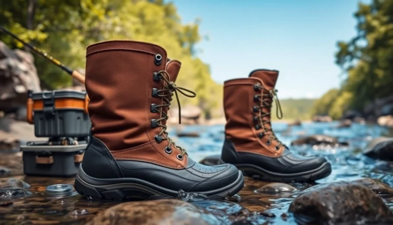 Fly fishing boots showcased beside a river, emphasizing their waterproof design and rugged features.