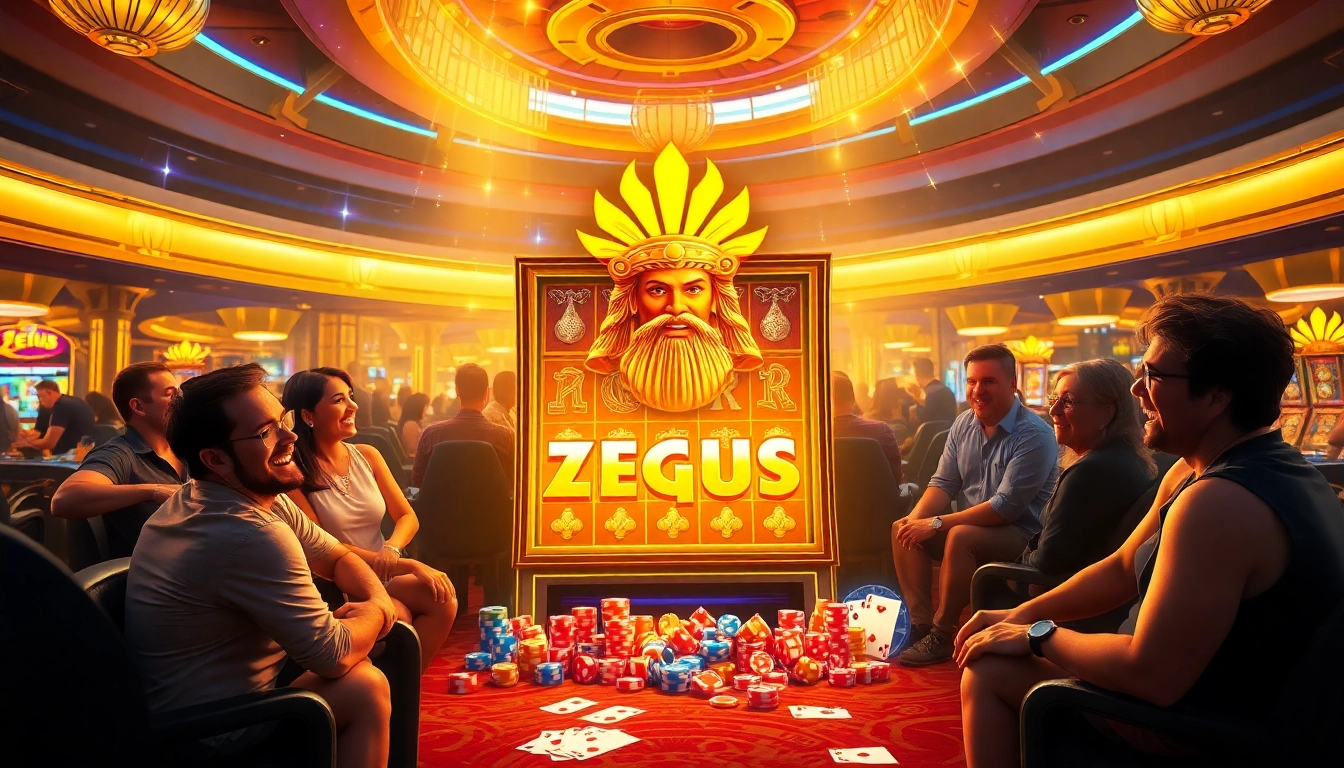 A thrilling scene showcasing the Zeus slot machine at a luxurious casino, bringing excitement to players.