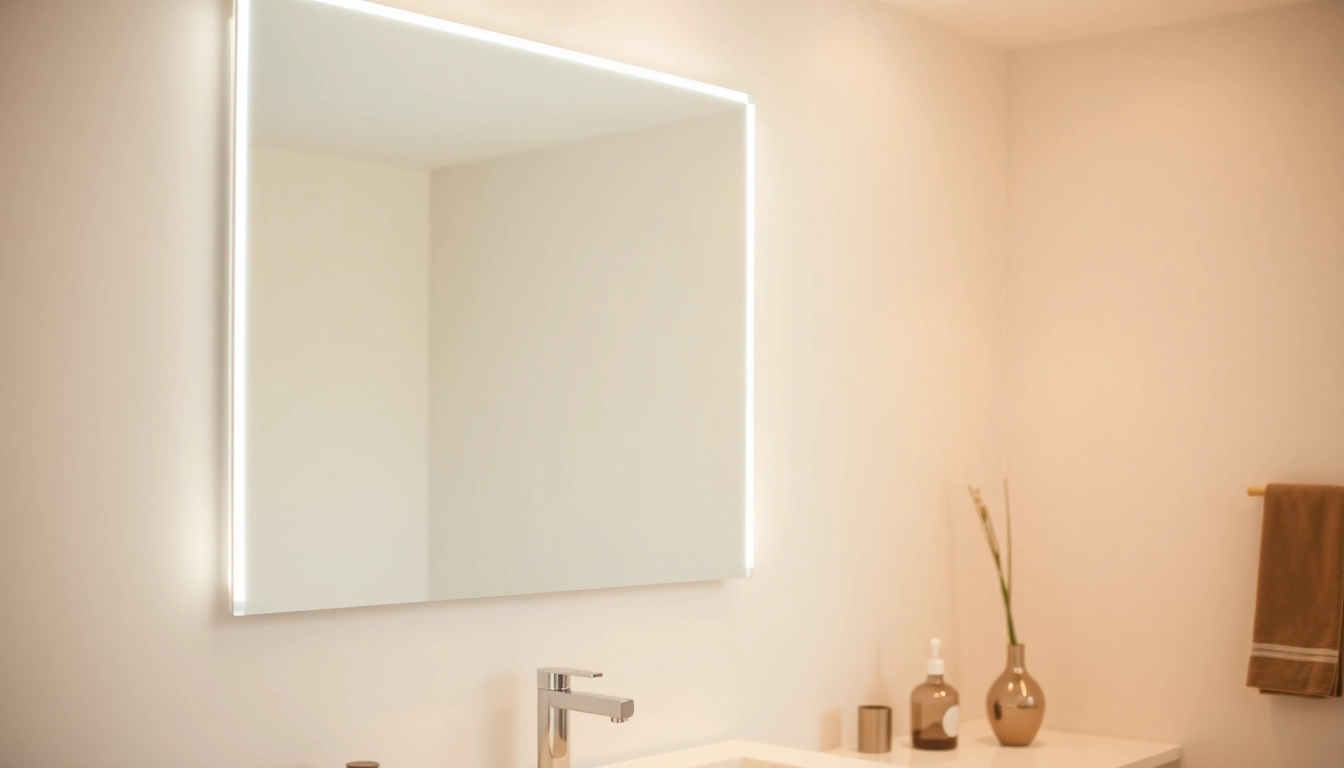 Reflect a stylish mirror with lights enhancing a modern bathroom's atmosphere.