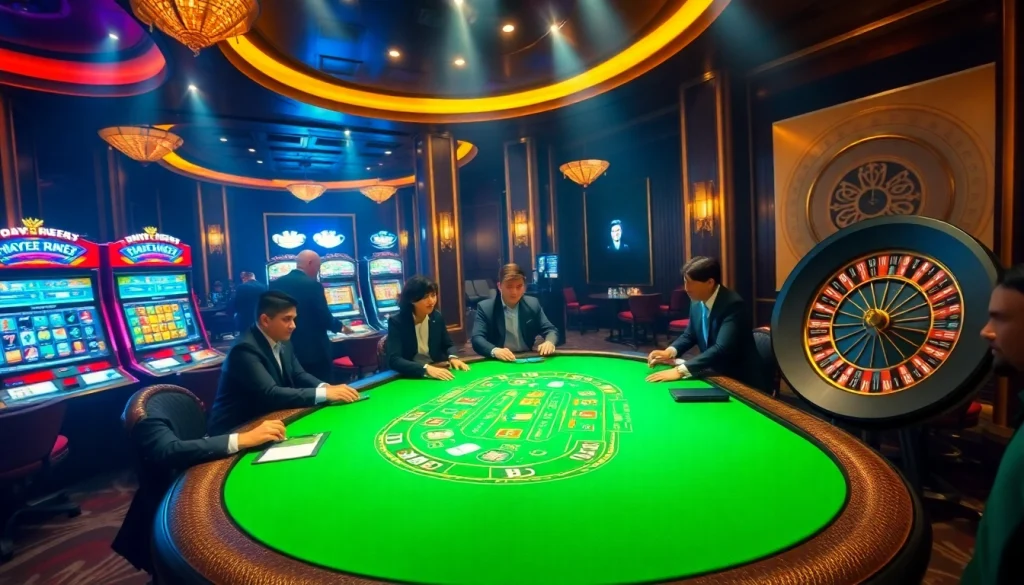 Engaging players at LV88 poker table, surrounded by vibrant casino ambience and slot machines.