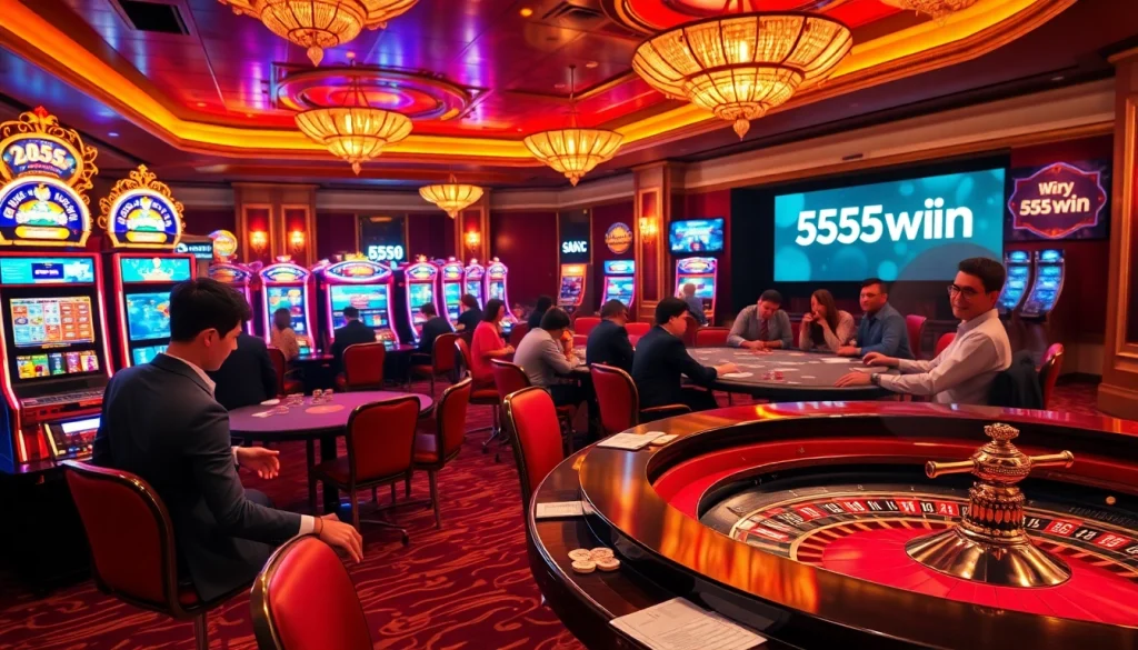Engaged players enjoy high-stakes games at 555win casino, surrounded by colorful slot machines and roulette wheels.