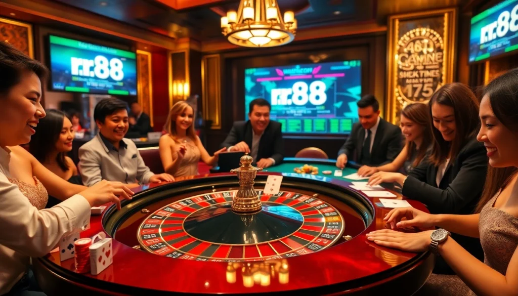 Excited players engaging in thrilling roulette gameplay at rr88 casino, showcasing vibrant chips and cards.