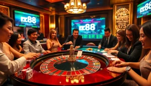 Excited players engaging in thrilling roulette gameplay at rr88 casino, showcasing vibrant chips and cards.