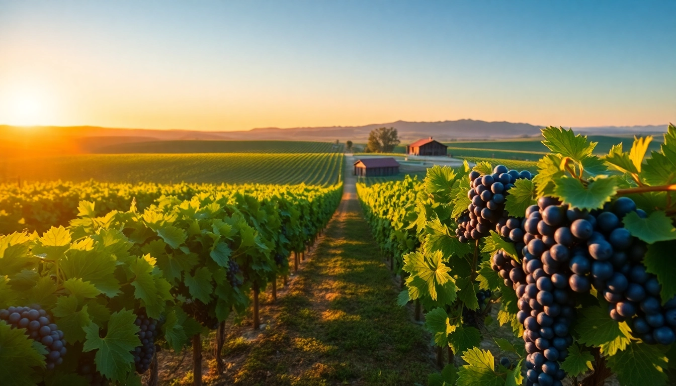 Tour a vibrant vineyard featuring grapes at Sacramento Wineries amidst a scenic sunset glow.