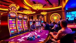 Para pemain menikmati sensasi bermain slot menggunakan deposit pulsa di kasino yang ramai dengan mesin slot dan chip taruhan.