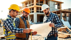 Construction apprenticeships carolinas: Skilled apprentices collaborating on a busy job site with tools and blueprints.