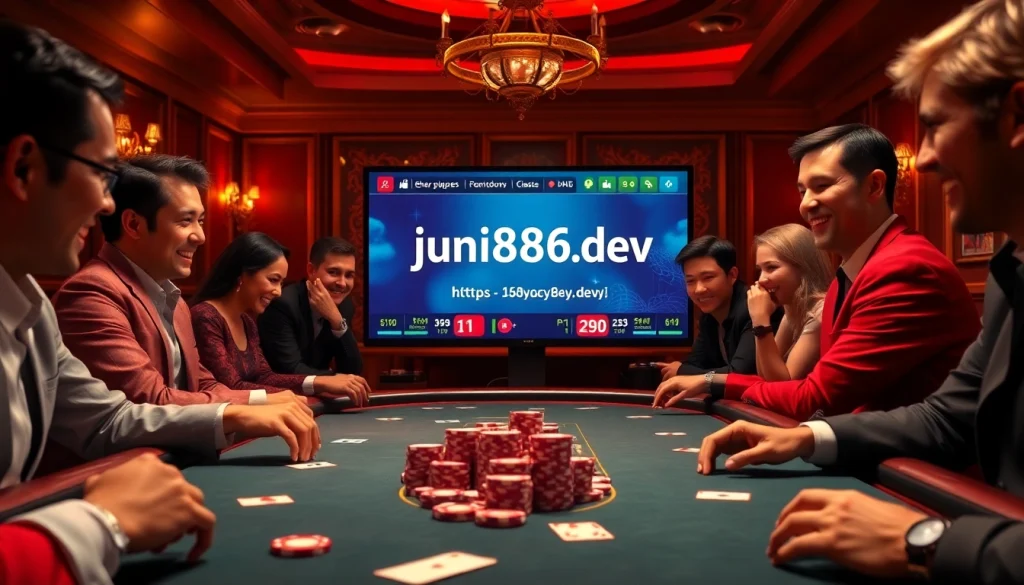 Engaging players at an online casino table with the link https://jun886.dev/ visible in a vibrant setting.