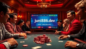 Engaging players at an online casino table with the link https://jun886.dev/ visible in a vibrant setting.