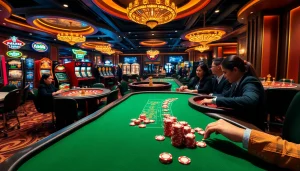 Engaging gamblers at Lc88 with vivid casino visuals featuring poker tables and slot machines.